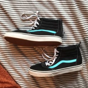 kids vans high tops black with blue detailing